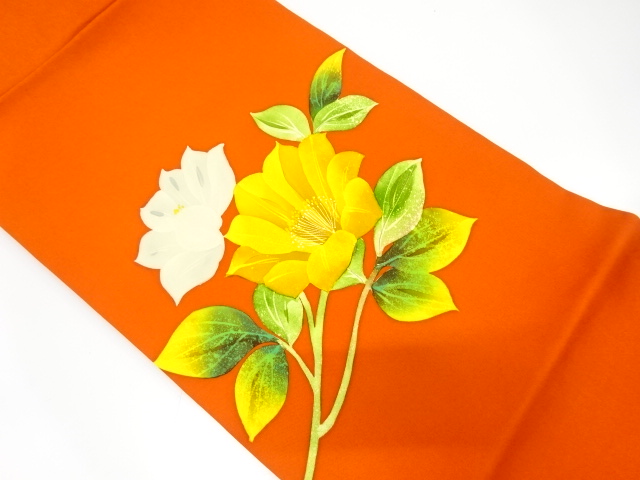 塩瀬　手描き　枝花模様　名古屋帯